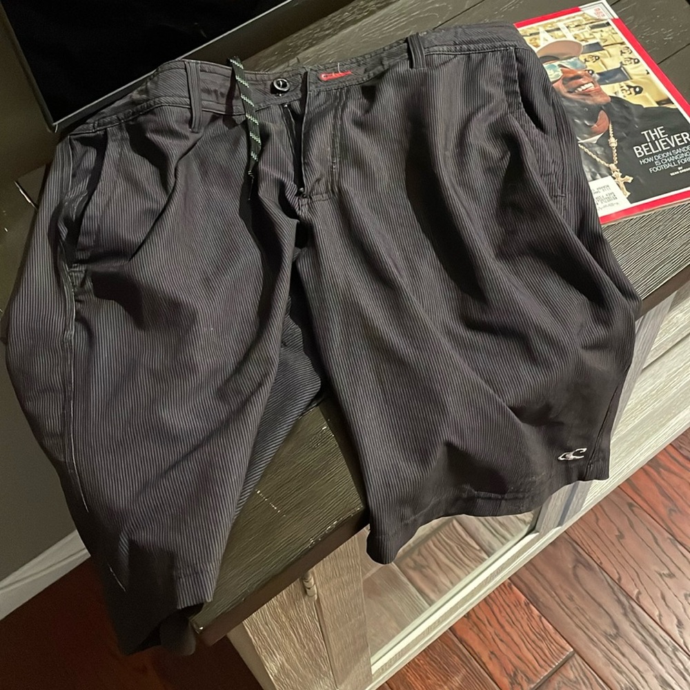 O’Neil thin stripe stretch shorts.  Worn in the seat